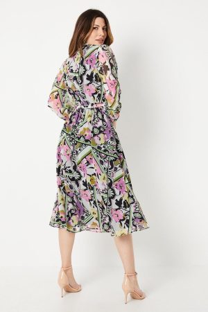 Multi Patchwork Floral Cold Shoulder Shirt Dress