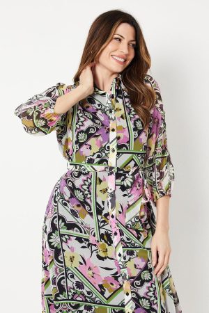 Multi Patchwork Floral Cold Shoulder Shirt Dress