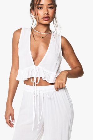 Bridal Cheesecloth Ruffle Halterneck Top And Trouser Set