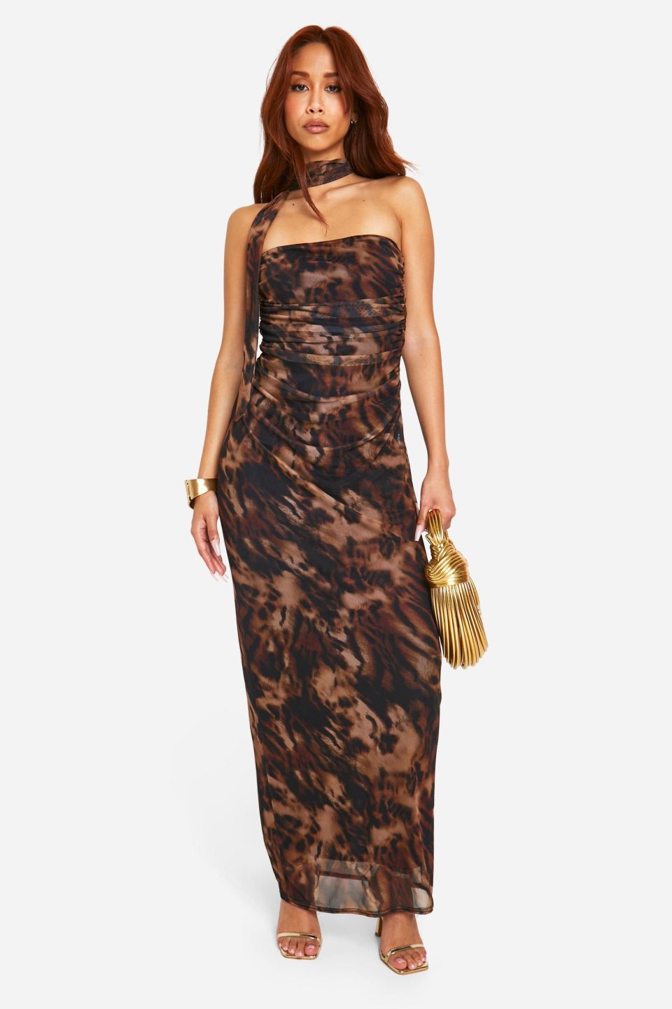 Leopard Mesh Scarf Neck Bandeau Maxi Dress