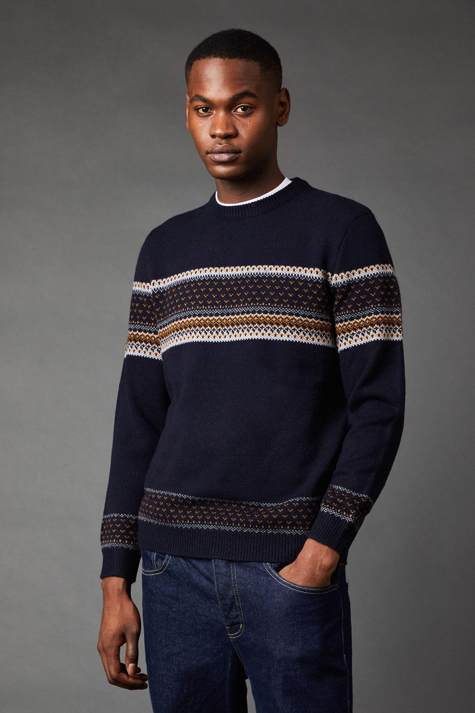Placement Stripe Pattern Crew Neck Jumper