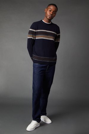 Placement Stripe Pattern Crew Neck Jumper