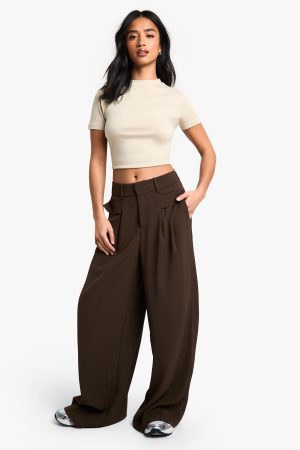 Petite Fluid Belted Wide Leg Trousers