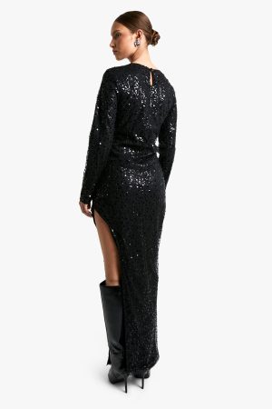 Long Sleeve Sequin Split Leg Maxi Dress