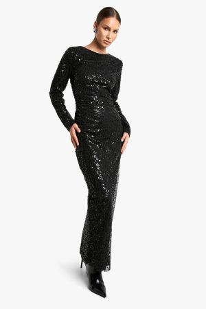 Long Sleeve Sequin Split Leg Maxi Dress