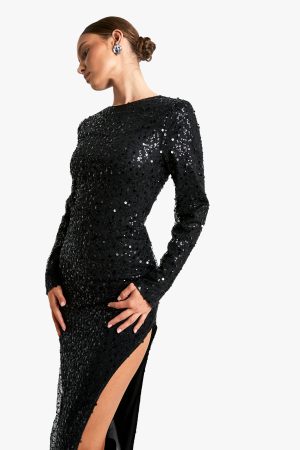 Long Sleeve Sequin Split Leg Maxi Dress