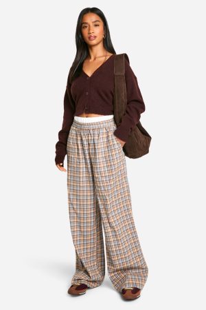 Petite Contrast Waistband Check Wide Leg Trouser