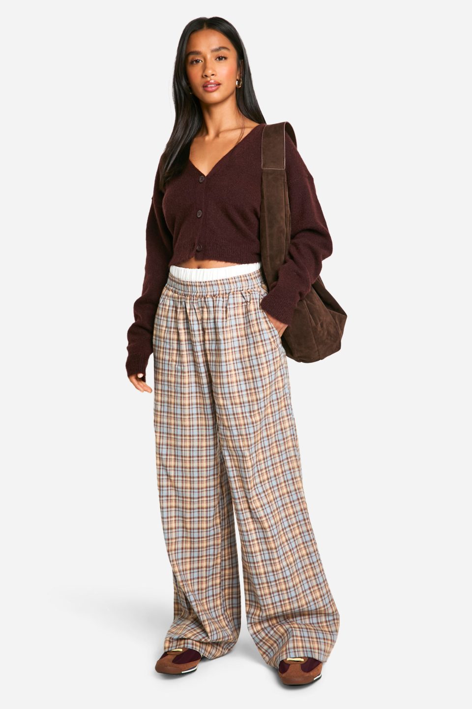 Petite Contrast Waistband Check Wide Leg Trouser