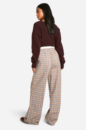 Petite Contrast Waistband Check Wide Leg Trouser