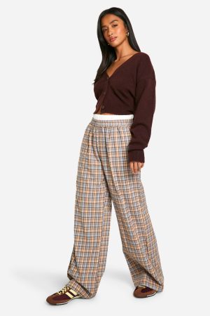 Petite Contrast Waistband Check Wide Leg Trouser