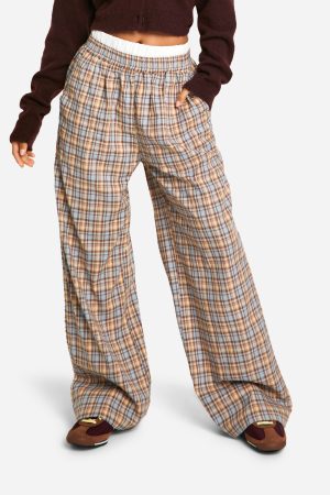 Petite Contrast Waistband Check Wide Leg Trouser