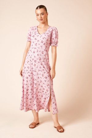 V Neck Short Sleeve Midi Dress