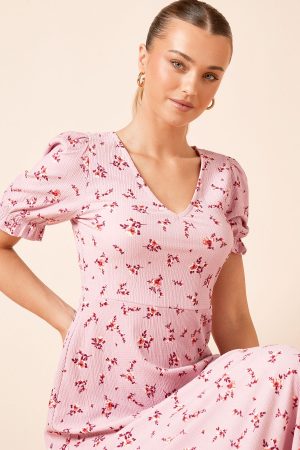 V Neck Short Sleeve Midi Dress