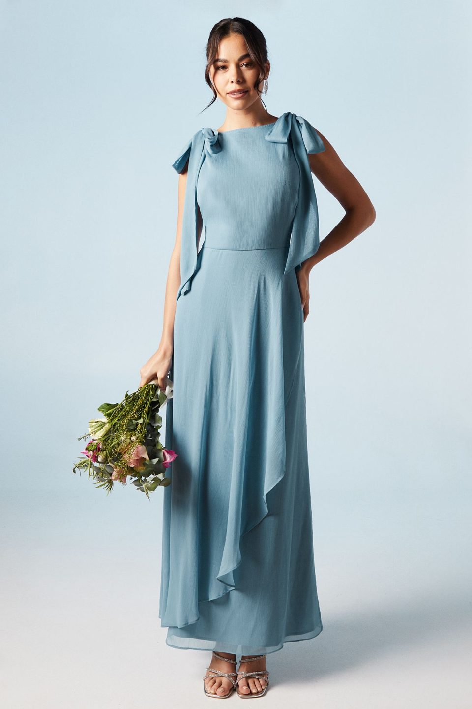 Tie Shoulder Waterfall Chiffon Bridesmaids Maxi Dress