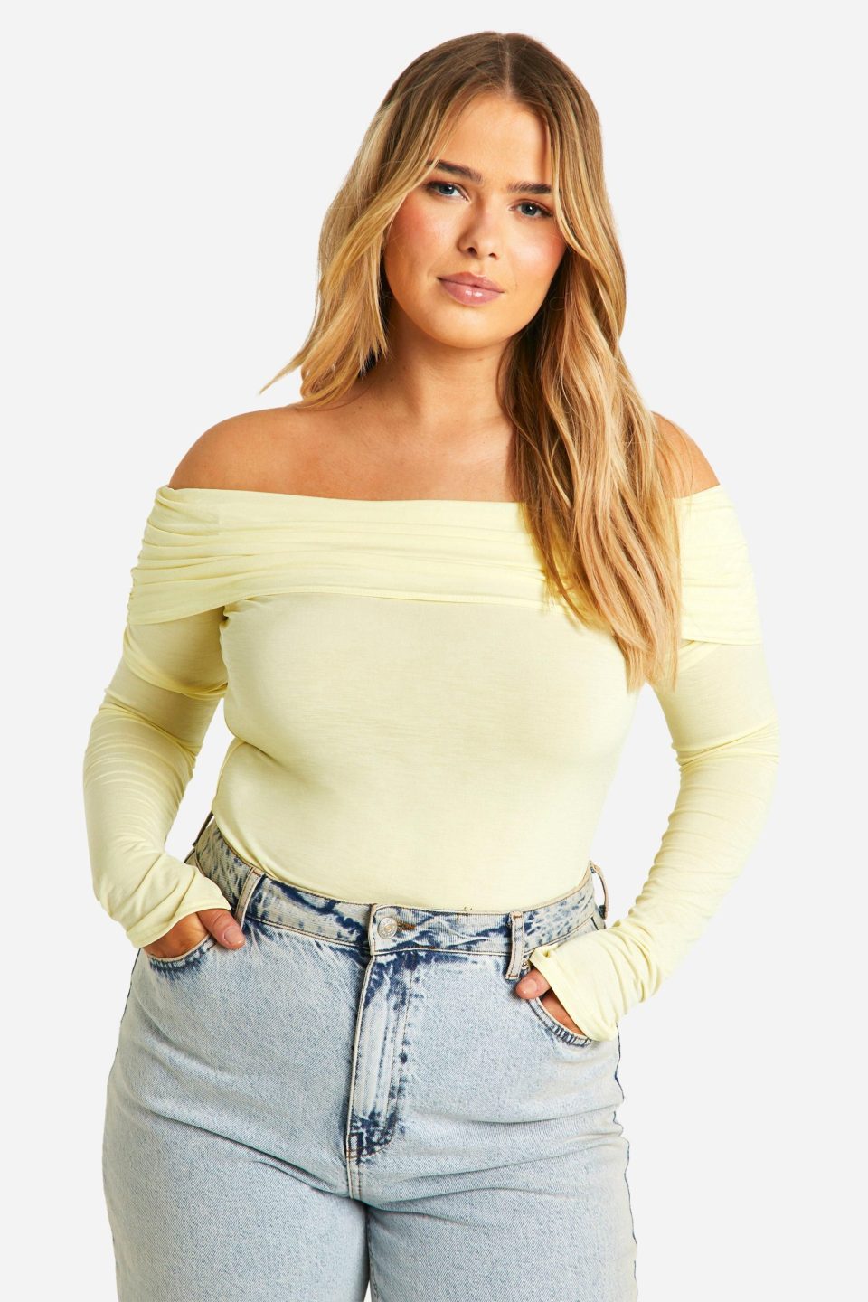 Plus Bardot Ruched Long Sleeve Top