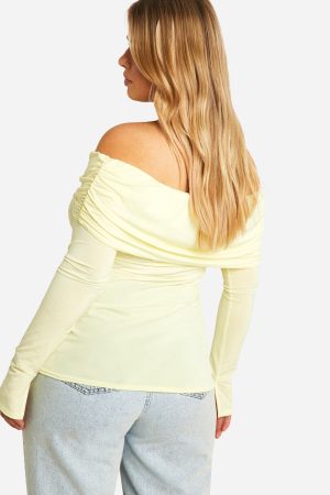 Plus Bardot Ruched Long Sleeve Top