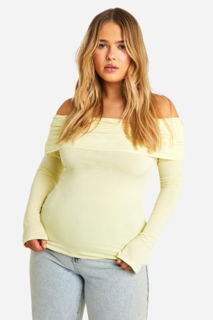 Plus Bardot Ruched Long Sleeve Top