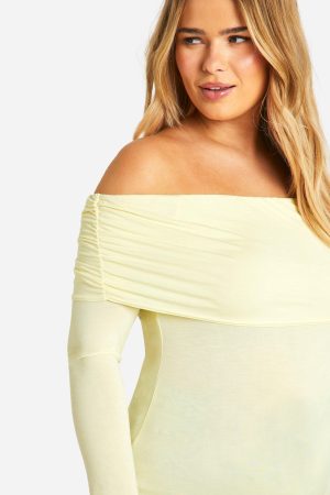 Plus Bardot Ruched Long Sleeve Top