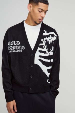 Oversized Boxy Drop Shoulder Spliced Skeleton Printed Knitted Cardigan