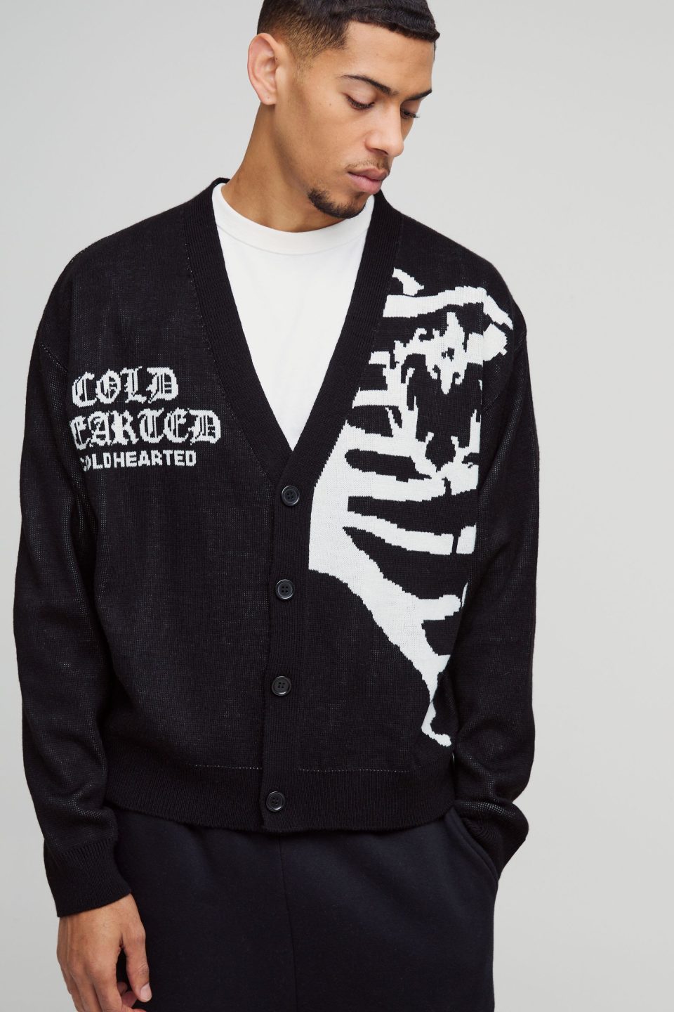 Oversized Boxy Drop Shoulder Spliced Skeleton Printed Knitted Cardigan