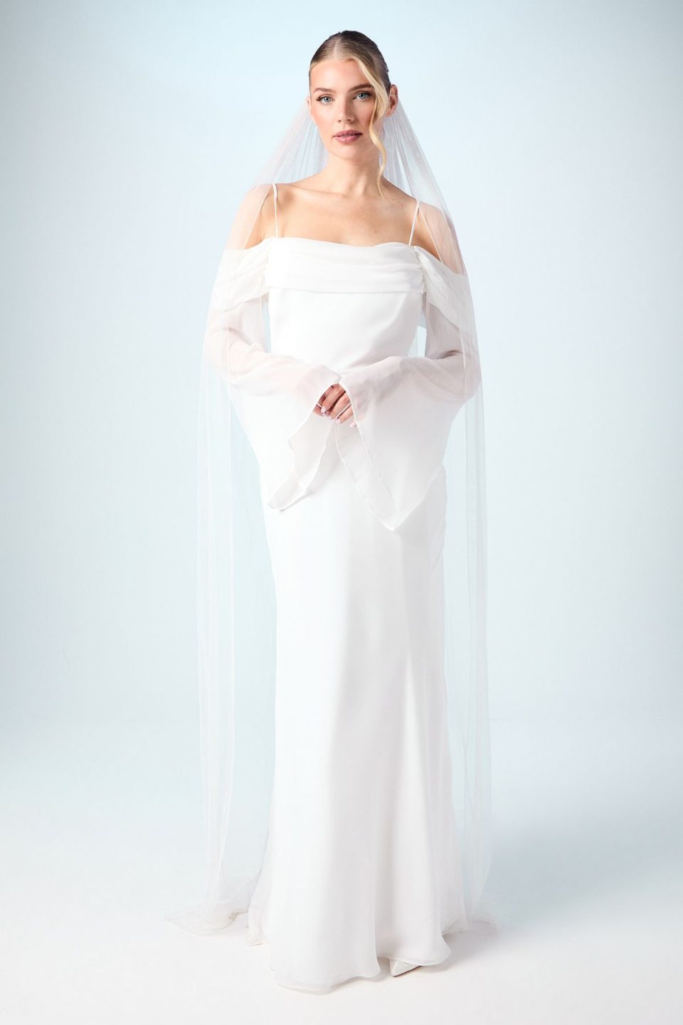 Flare Sleeve Cowl Neck Chiffon Beach Wedding Dress