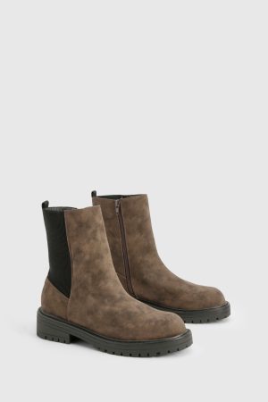 Wide Fit Ankle Detail Distressed Pu Chelsea Boot