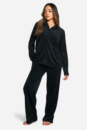 Velour Fleece Button Up Trouser Pj Set