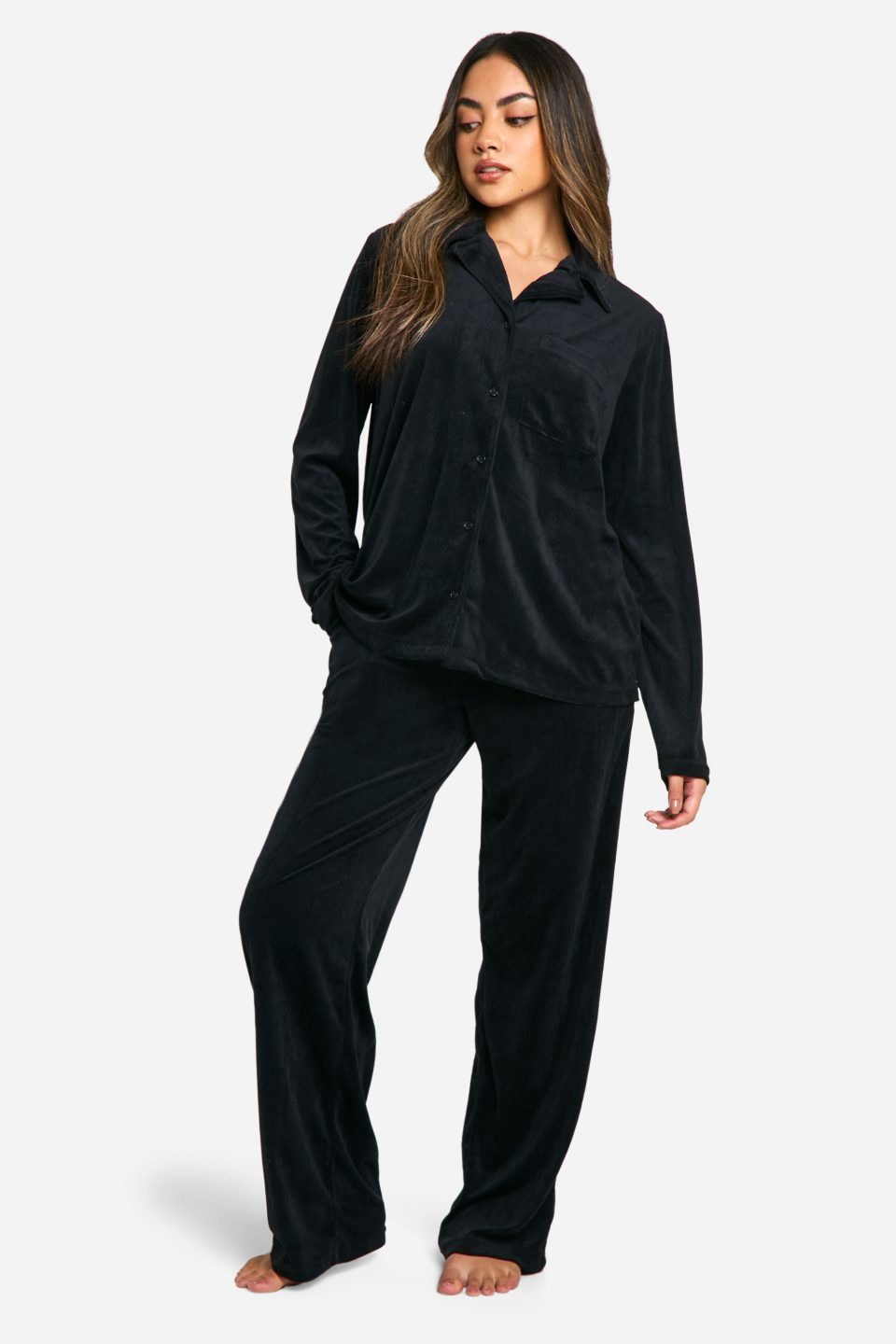 Velour Fleece Button Up Trouser Pj Set