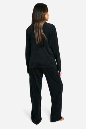 Velour Fleece Button Up Trouser Pj Set