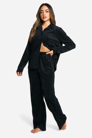 Velour Fleece Button Up Trouser Pj Set