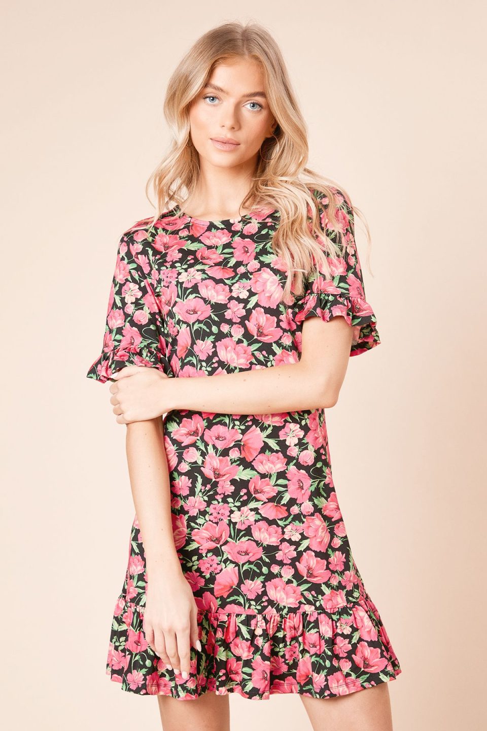 Short Sleeve Pink Floral Frill Hem Mini Dress