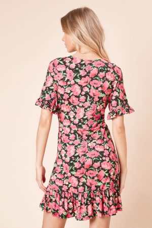 Short Sleeve Pink Floral Frill Hem Mini Dress