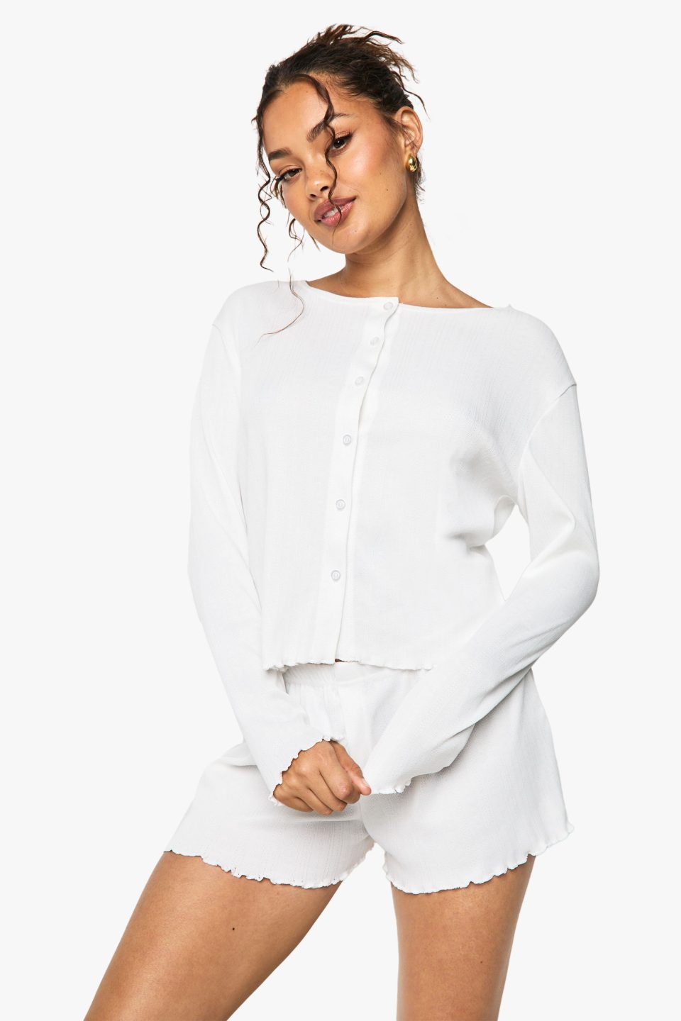 Pointelle Lettuce Hem Button Through Long Sleeved Top & Shorts Pyjama Set