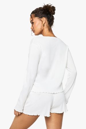 Pointelle Lettuce Hem Button Through Long Sleeved Top & Shorts Pyjama Set