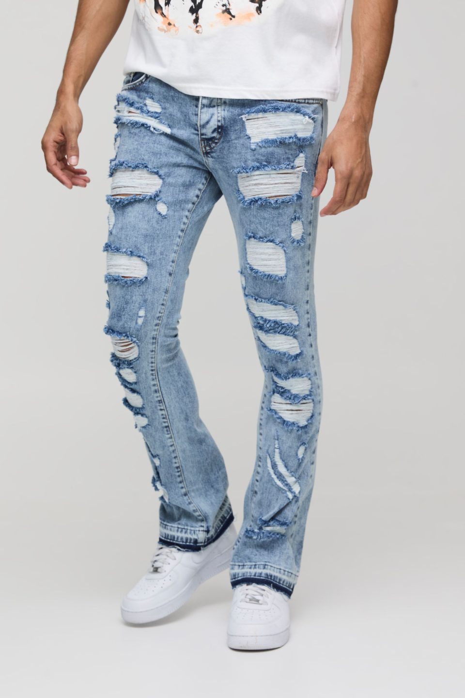 Skinny Flared All Over Ripped Distressed Jeans