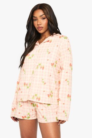 Strawberry Print Long Sleeve Shirt & Shorts Pyjama Set