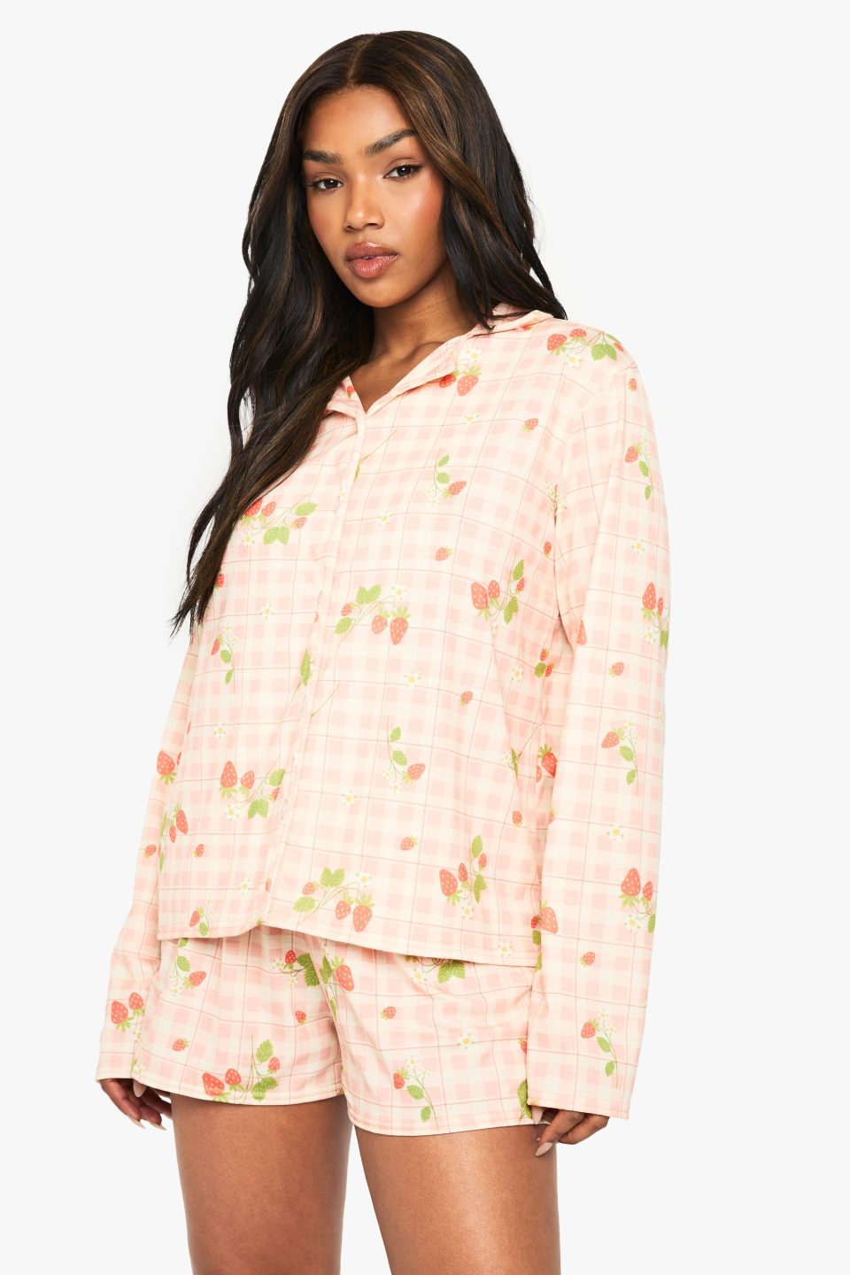 Strawberry Print Long Sleeve Shirt & Shorts Pyjama Set