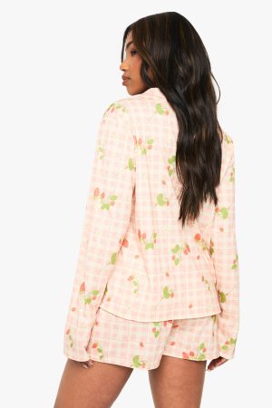 Strawberry Print Long Sleeve Shirt & Shorts Pyjama Set