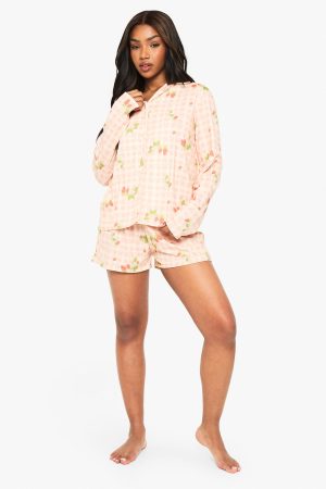 Strawberry Print Long Sleeve Shirt & Shorts Pyjama Set