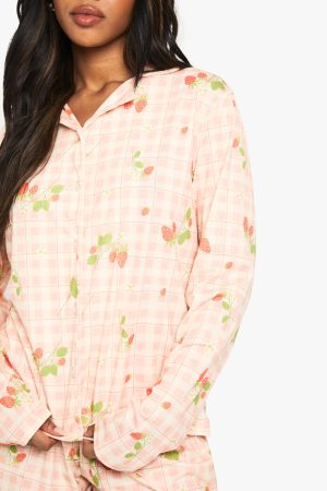 Strawberry Print Long Sleeve Shirt & Shorts Pyjama Set
