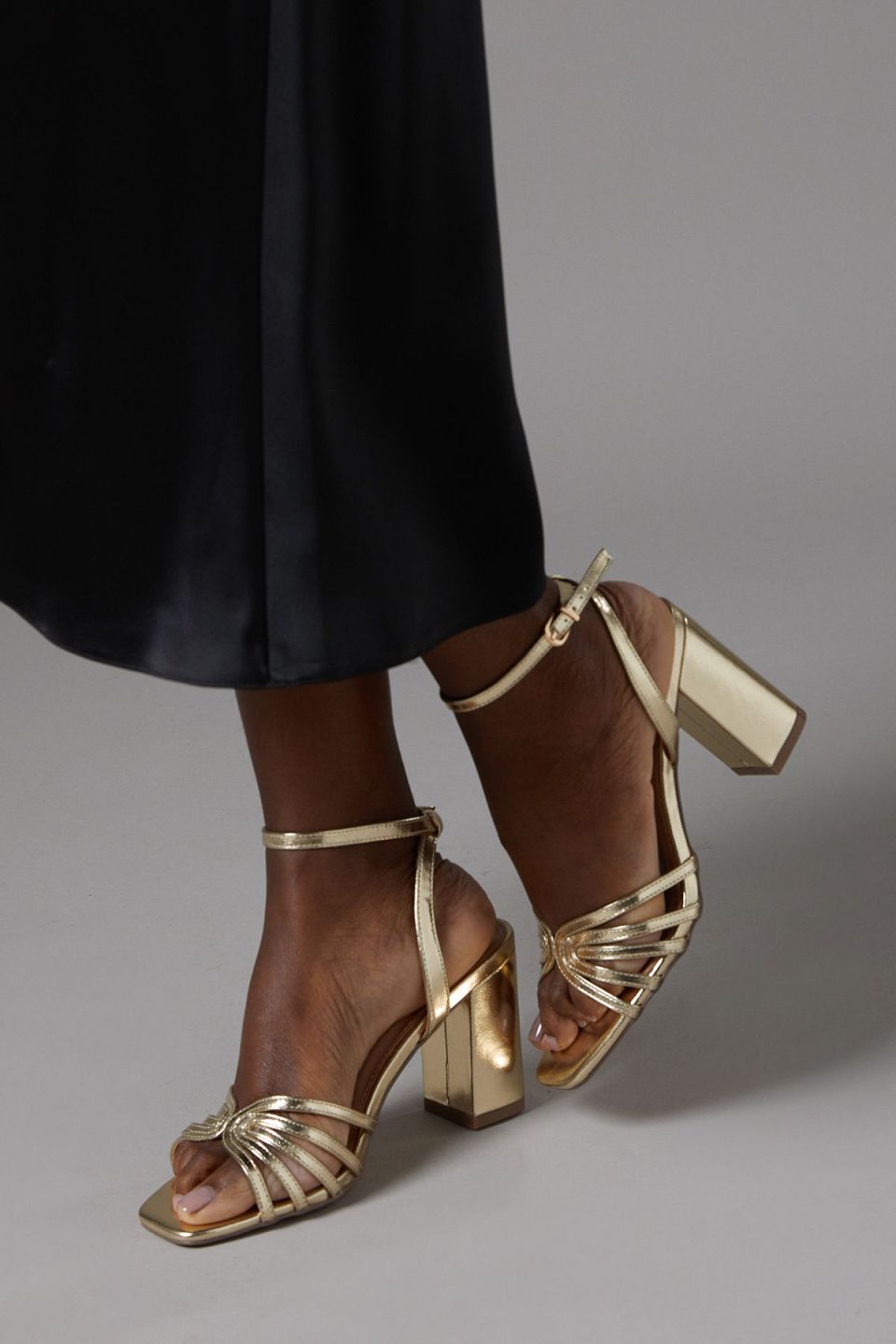 Trudie Faux Leather Lattice Front High Block Heel Sandals