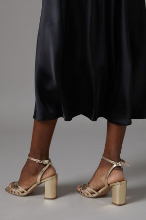 Trudie Faux Leather Lattice Front High Block Heel Sandals