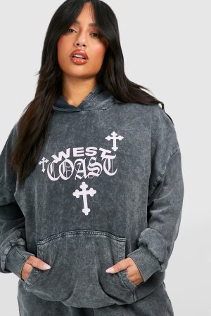 Plus West Coast Cross Print Washed Hooded Short Tracksuit