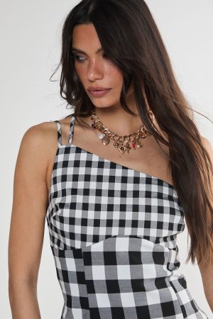 Gingham Asymmetric Neck Tailored Dress