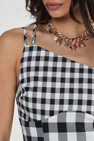 Gingham Asymmetric Neck Tailored Dress