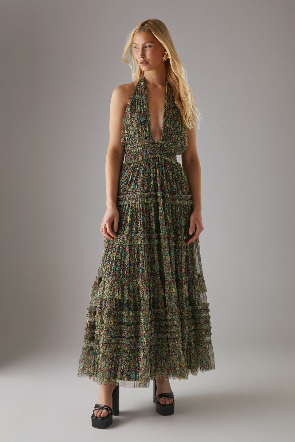 Tulle Halter Shirred Waist Tier Maxi Dress
