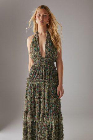 Tulle Halter Shirred Waist Tier Maxi Dress