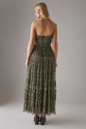 Tulle Halter Shirred Waist Tier Maxi Dress