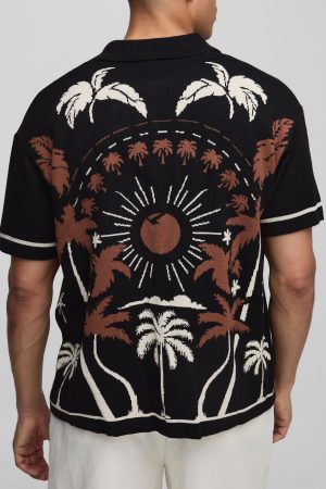 Relaxed Fit Scenic Palm Jacquard Knitted Shirt