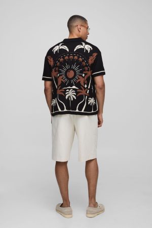 Relaxed Fit Scenic Palm Jacquard Knitted Shirt